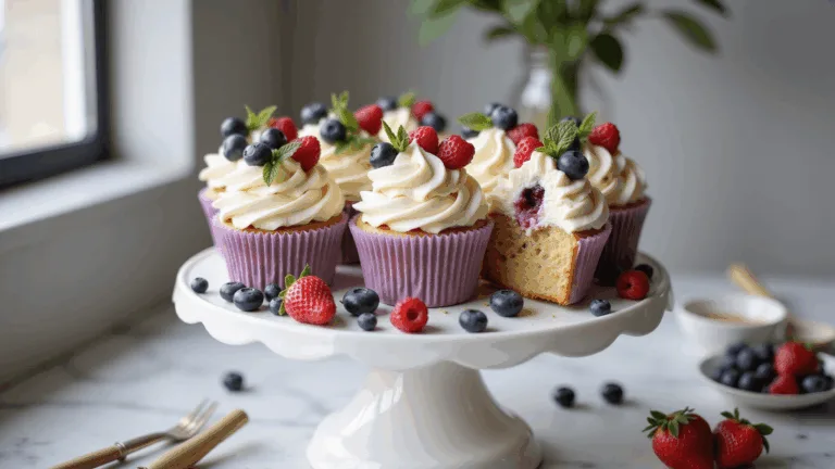 Artisanal berry cupcakes with cream cheese frosting, garnished with fresh mixed berries and mint on a white ceramic cake stand, natural sunlight creating soft shadows. One cupcake cut in half, revealing a moist interior. Scattered berries and vintage baking tools in a softly blurred marble countertop background.