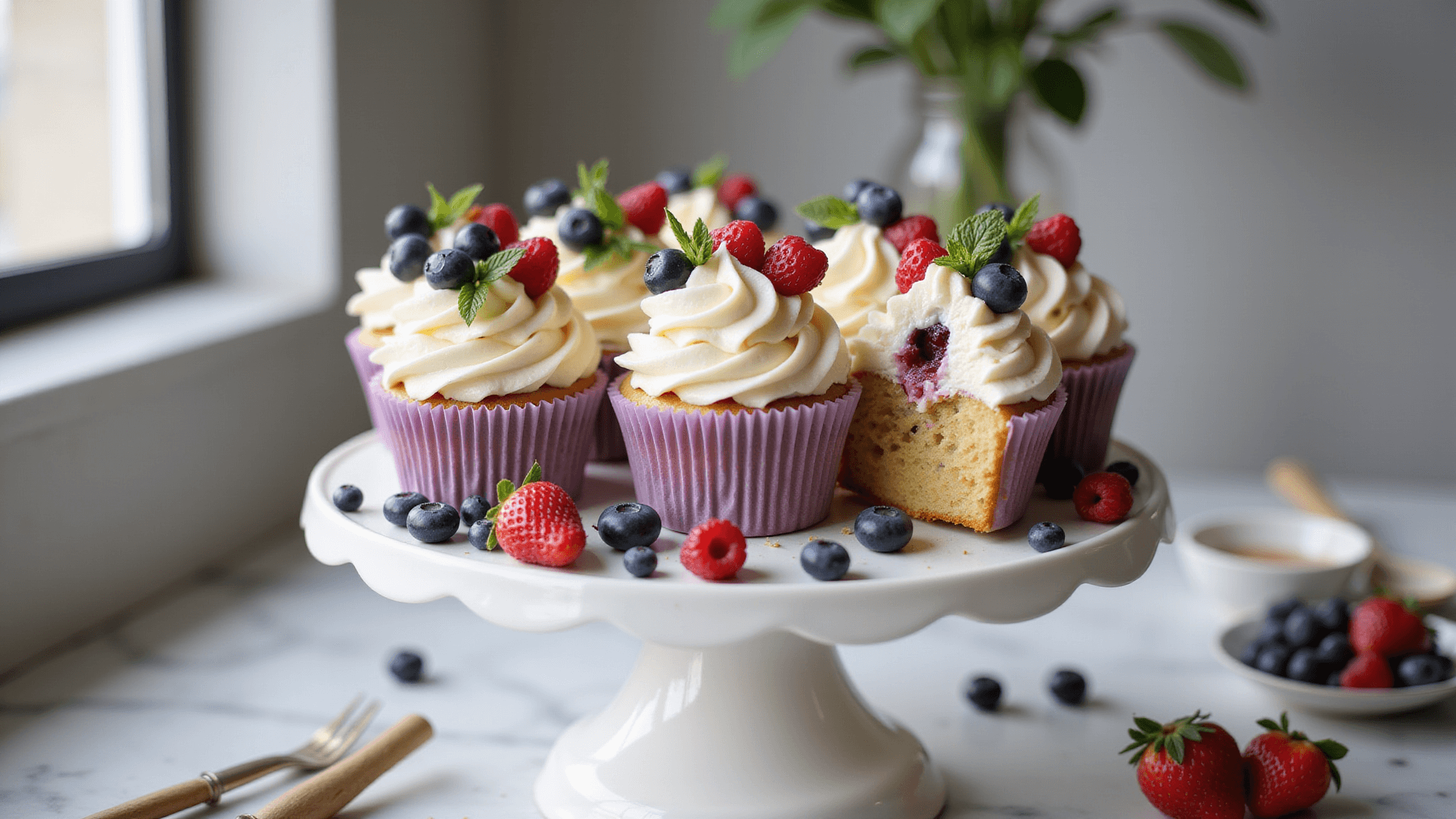 Artisanal berry cupcakes with cream cheese frosting, garnished with fresh mixed berries and mint on a white ceramic cake stand, natural sunlight creating soft shadows. One cupcake cut in half, revealing a moist interior. Scattered berries and vintage baking tools in a softly blurred marble countertop background.