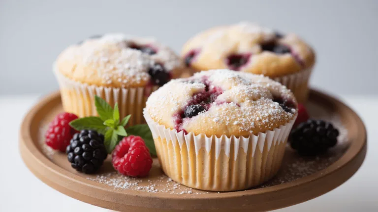 Artisanal berry cupcakes on a rustic wooden stand, with a fluffy vanilla base and mixed berries, softly lit from the left.