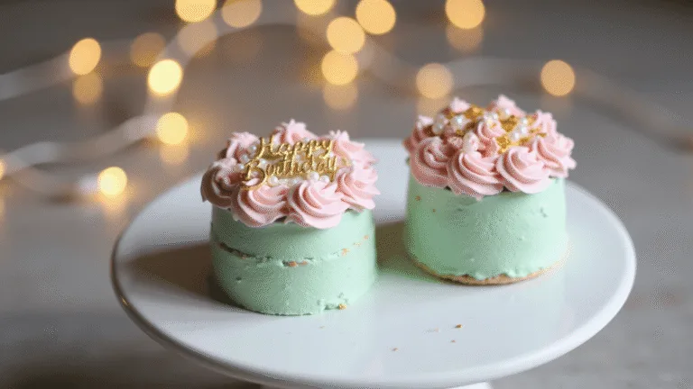 Two miniature bento cakes on a matte white ceramic stand: a pastel pink buttercream cake with piped rosettes and a mint green frosting cake adorned with pearl details, all highlighted by golden metallic sprinkles and a "Happy Birthday" message, set against a dreamy bokeh background with warm fairy lights.