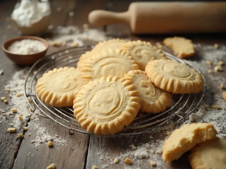 Overhead shot of golden shortbread cookies arranged in a spiral on a vintage wire rack, with buttery, crumbly texture visible.