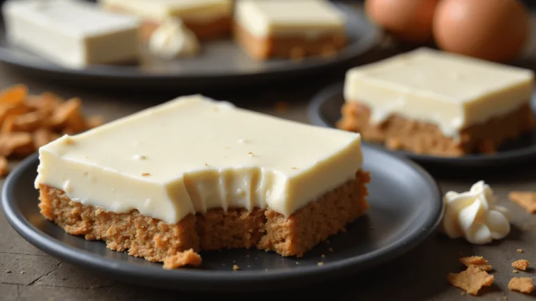 Luxurious carnivore dessert bar with a golden-brown pork rind crust and a pale ivory, custard-like cream cheese filling, garnished with fresh cream on a matte black plate.