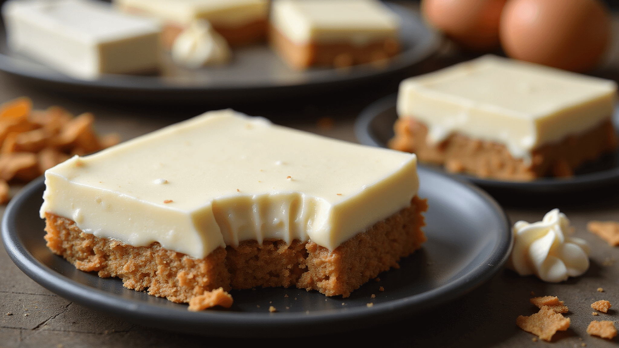 Luxurious carnivore dessert bar with a golden-brown pork rind crust and a pale ivory, custard-like cream cheese filling, garnished with fresh cream on a matte black plate.