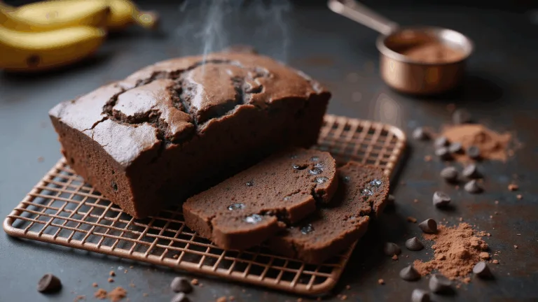 Photorealistic image of freshly baked chocolate banana bread on a vintage copper cooling rack, showcasing a cracked surface with melting chocolate chips, surrounded by scattered banana peels and cocoa powder on a dark wood surface.