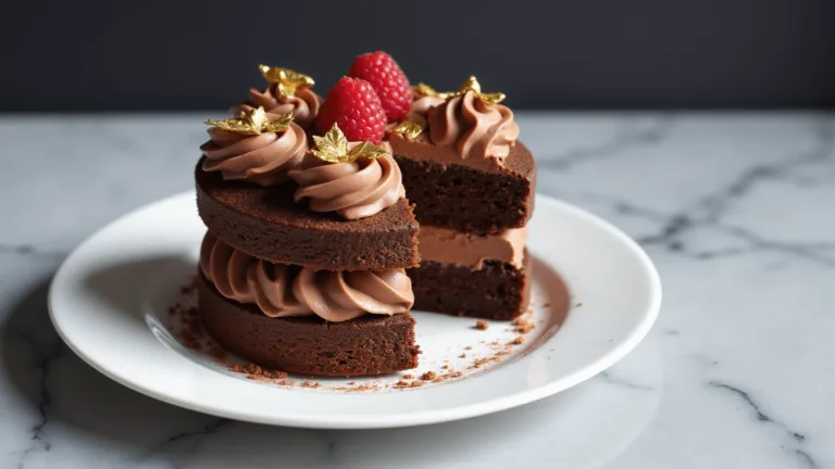 Elegant two-layer chocolate bento cake with chocolate buttercream, gold leaf, and raspberries on a white plate, set against a marble background.