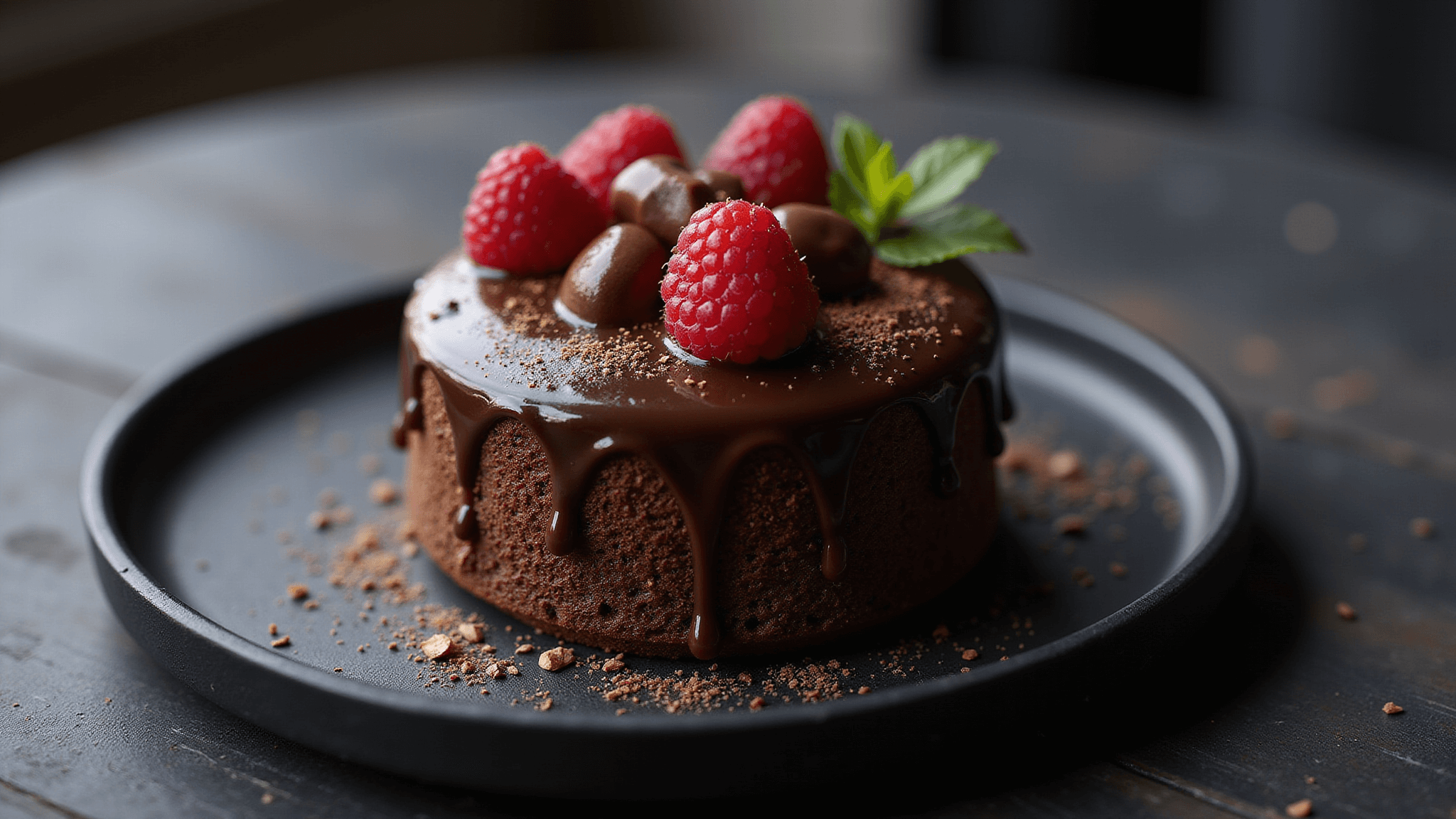 A close-up of a 4-inch chocolate bento cake featuring a glossy ganache, gold leaf accents, and chocolate pearls, garnished with fresh raspberries, presented on a matte black plate with moody lighting and rich tones, showcasing hyperrealistic detail.
