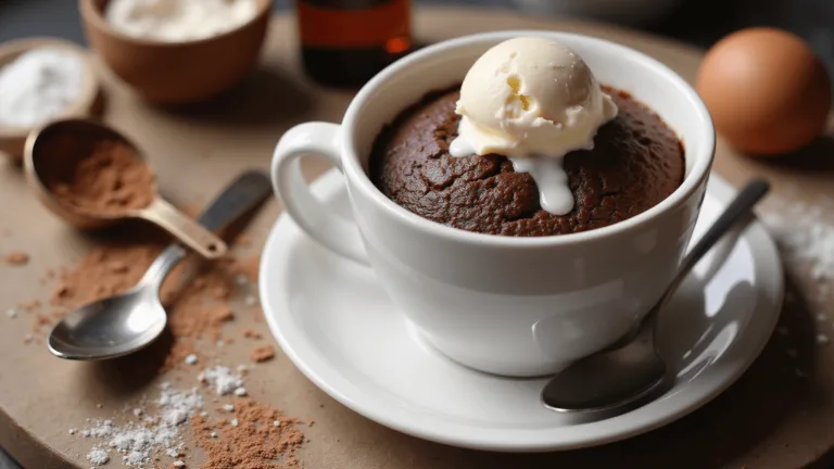 A close-up shot of a chocolate mug cake in a white ceramic mug with vanilla ice cream melting on top, surrounded by cocoa powder, flour, a fresh egg, vanilla extract, and sugar, on a rustic wooden table.