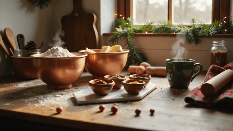 Cinematic view of a rustic farmhouse kitchen at golden hour, showcasing a flour-dusted wooden countertop with vintage copper mixing bowls filled with baking ingredients, warm light filtering through the window, and festive decor elements like fairy lights and pine garland.