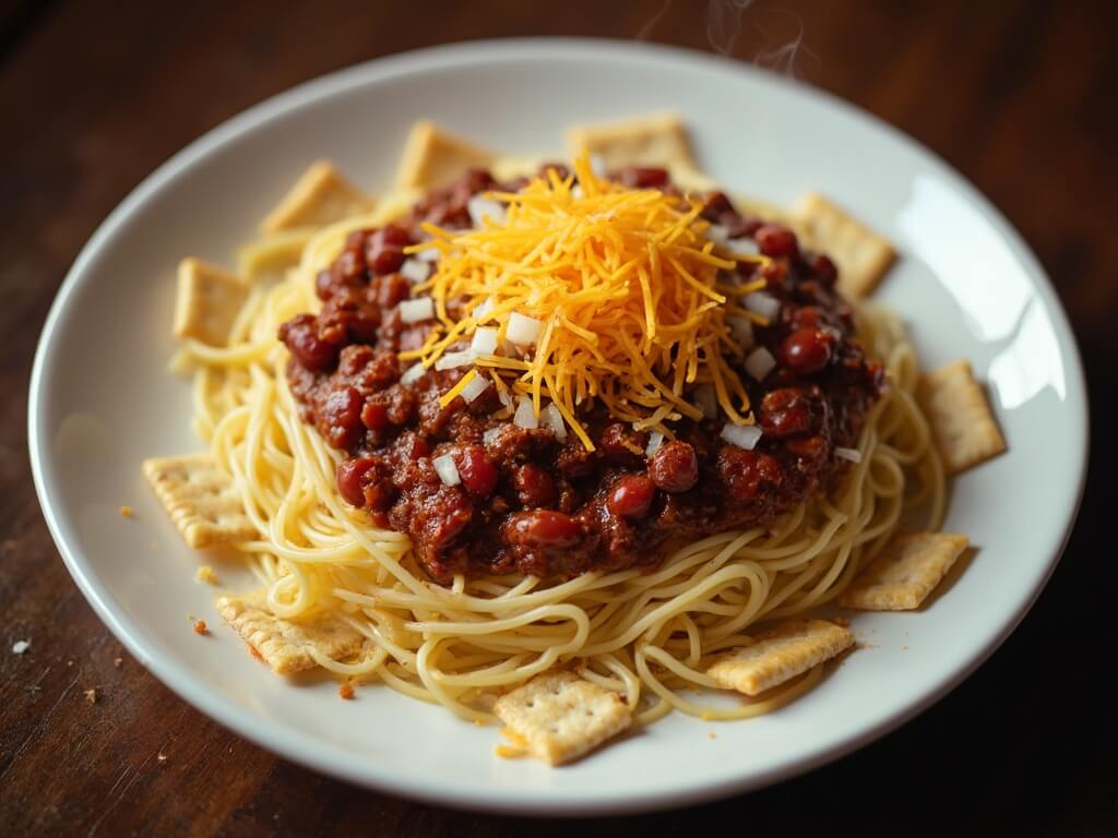 Overhead view of Cincinnati 5-way chili on a white ceramic plate with spaghetti, rich meat sauce, melted cheddar cheese, diced onions, red kidney beans, and oyster crackers.