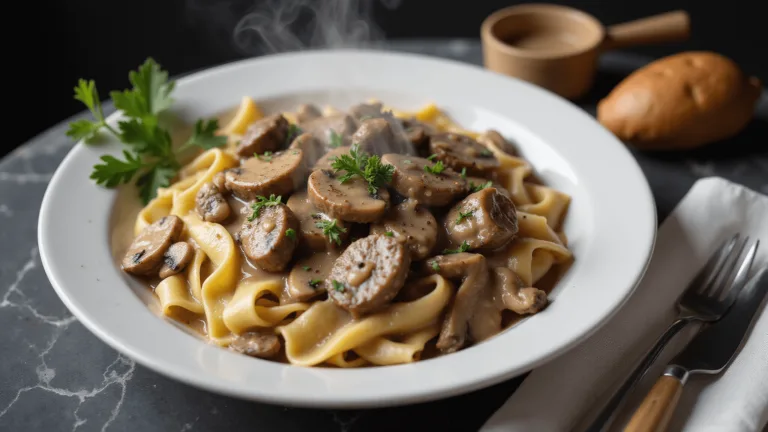 A photorealistic overhead shot of Classic Beef Stroganoff on a white ceramic plate, featuring tender sirloin in a glossy mushroom cream sauce over egg noodles, garnished with parsley and paprika, with dramatic steam and subtle lighting on a grey marble surface.