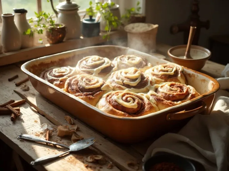 "Freshly baked cinnamon rolls with cream cheese frosting in a rustic ceramic dish, with warm sunlight highlighting steam from the rolls and cinnamon-sugar details, alongside cinnamon sticks and brown sugar on a wooden table."