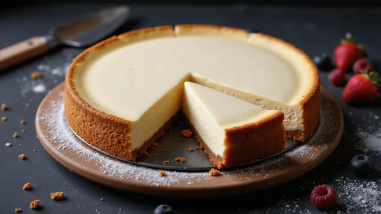 Overhead shot of a New York-style cheesecake on a ceramic stand with a slice being pulled, showing creamy interior, vanilla specks, and graham crust.