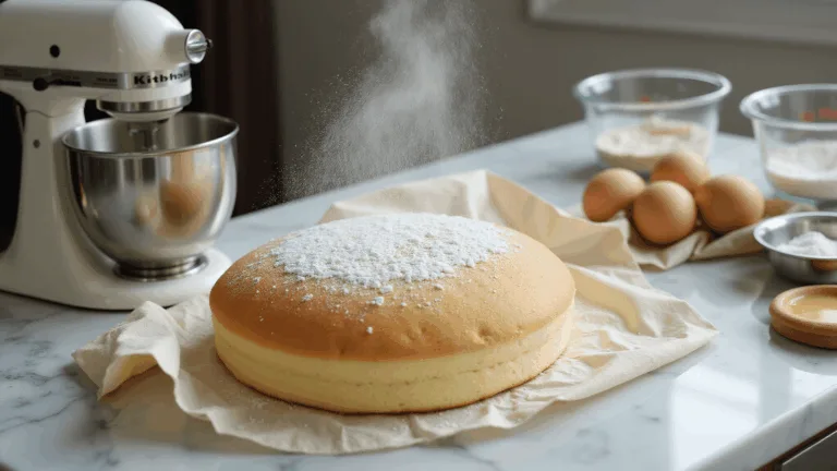 A photorealistic scene of a sunlit kitchen counter featuring a perfectly rolled golden sponge cake wrapped in a cream-white towel dusted with powdered sugar, with supporting elements including a KitchenAid mixer, glass bowls of ingredients, and a parchment-lined jelly roll pan on a marble countertop.