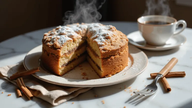 A photorealistic image of a coffee cake with cinnamon streusel on a white marble countertop. A slice is being removed, showing its moist interior and steam rising. A cup of coffee and cinnamon sticks are nearby, with soft morning light highlighting the scene.