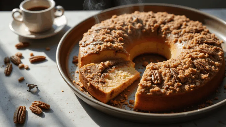 A freshly baked coffee cake in a metal baking pan, showcasing layers of cinnamon streusel, moist vanilla cake, and toasted pecans, with a slice cut out revealing marbled textures, all illuminated by natural morning light.