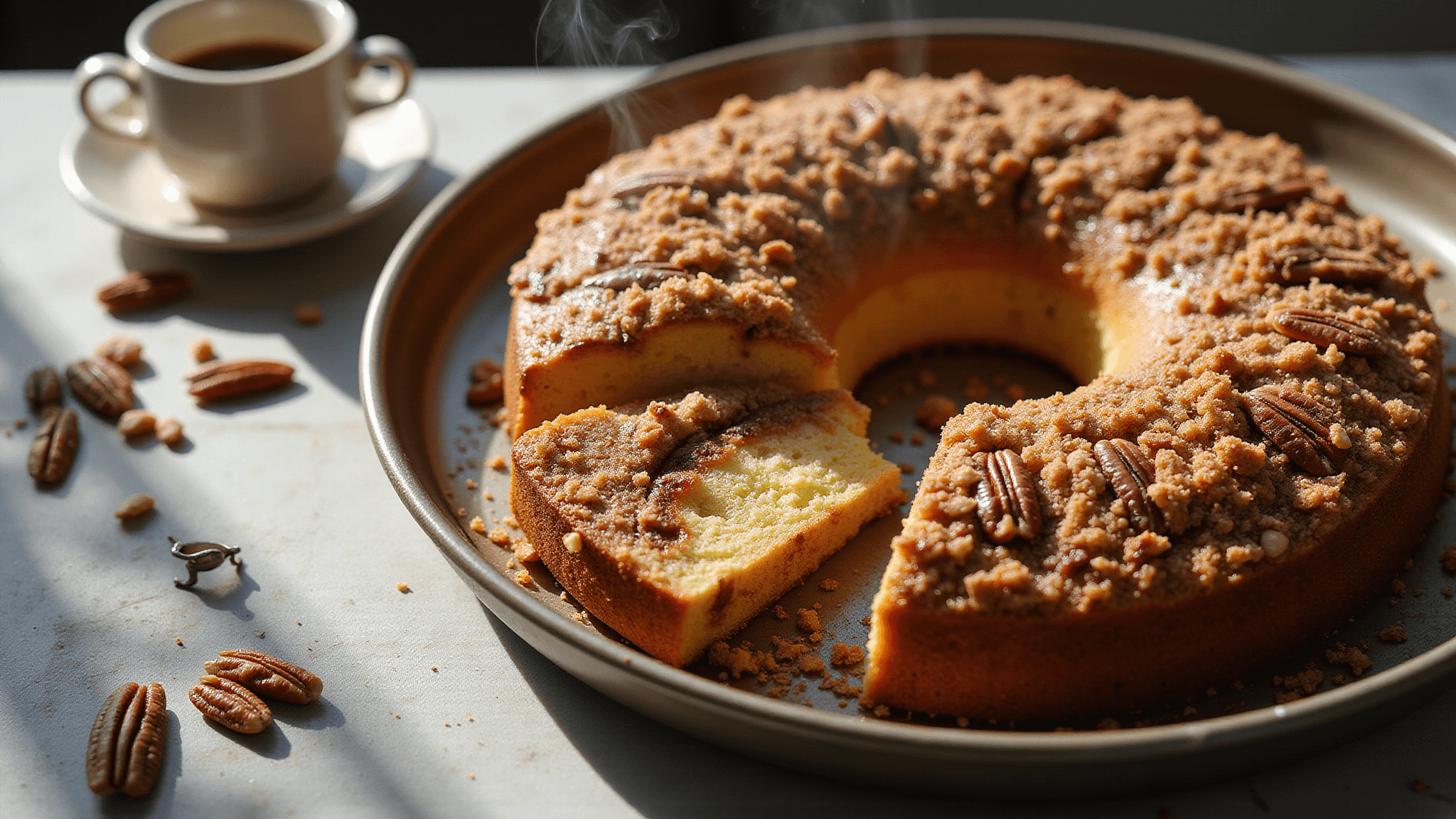 A freshly baked coffee cake in a metal baking pan, showcasing layers of cinnamon streusel, moist vanilla cake, and toasted pecans, with a slice cut out revealing marbled textures, all illuminated by natural morning light.
