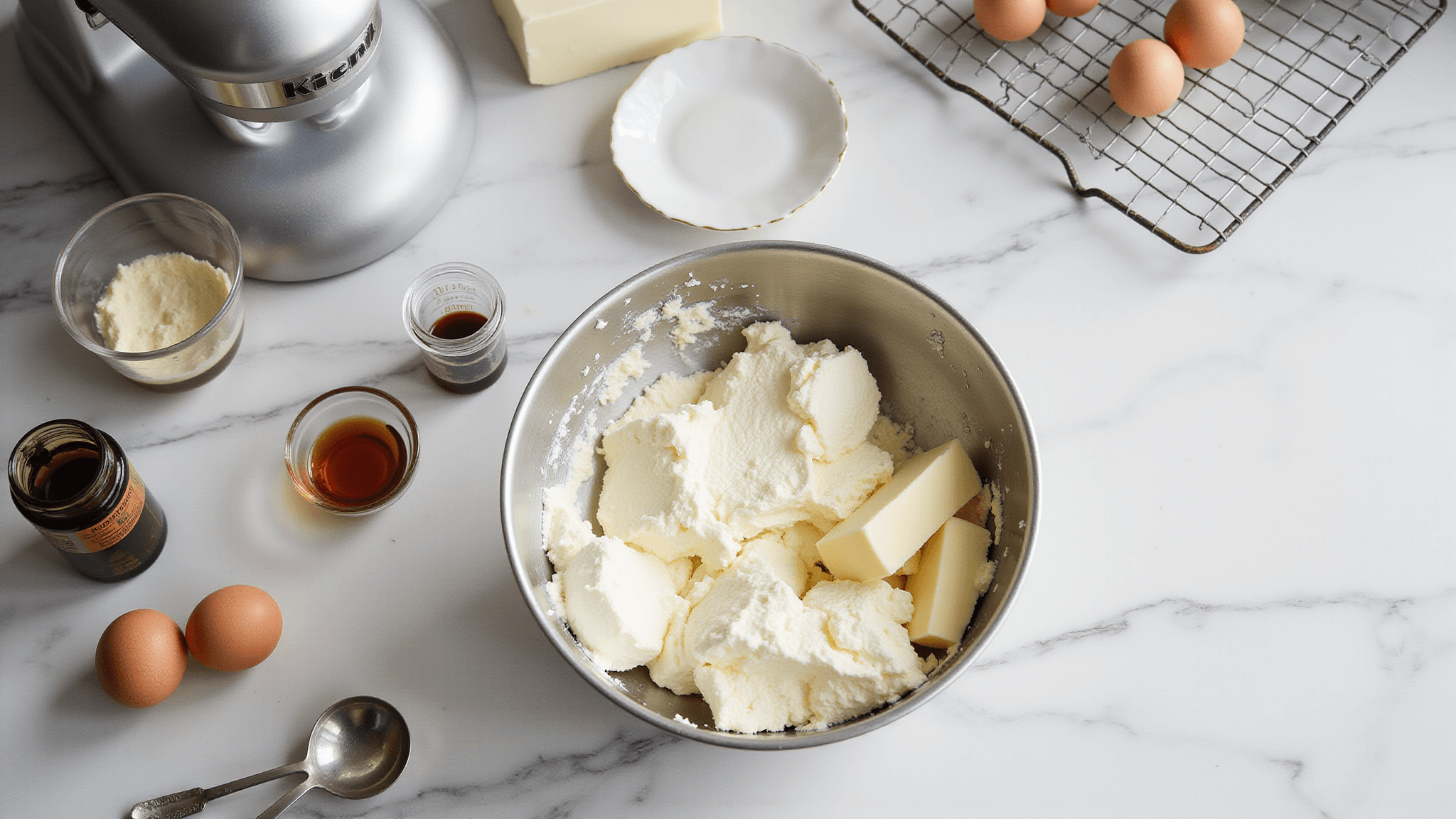 Luxurious kitchen scene with a marble countertop showcasing a stainless steel mixing bowl filled with cream cheese and butter, arranged farm-fresh eggs, a KitchenAid mixer, measuring spoons, and vanilla extract, softly lit for a professional culinary atmosphere.