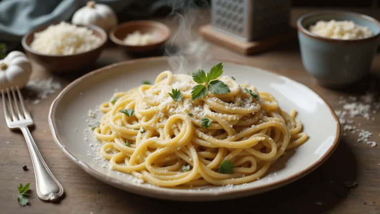 Overhead shot of creamy garlic parmesan spaghetti on a ceramic plate, with parsley accents, surrounded by rustic kitchen elements on a wooden table.