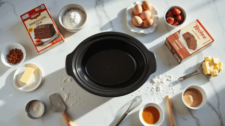 Overhead view of a pristine white marble kitchen counter featuring a black 7qt crockpot surrounded by baking ingredients and tools, illuminated by warm morning sunlight.