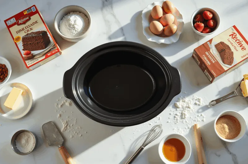 Overhead view of a pristine white marble kitchen counter featuring a black 7qt crockpot surrounded by baking ingredients and tools, illuminated by warm morning sunlight.
