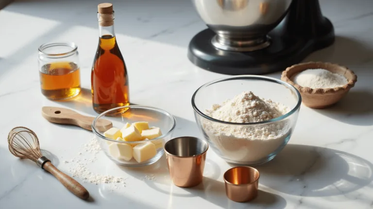 Professional baking ingredients artfully arranged on a marble countertop, featuring eggs, flour, butter, copper measuring cups, a vanilla bean bottle, and a stand mixer in soft natural light.