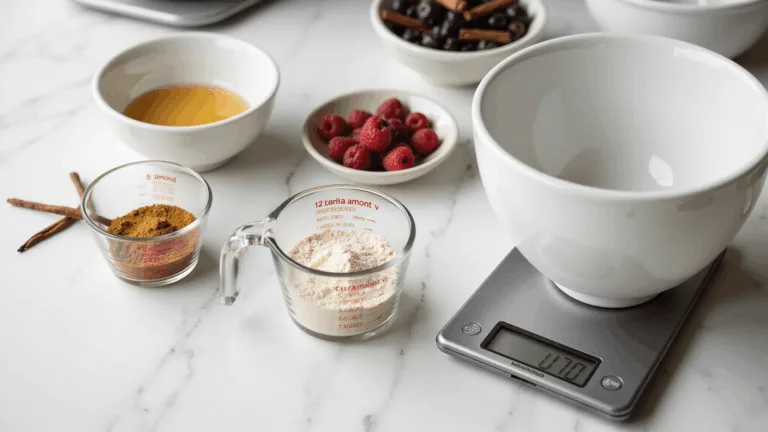 A professional baking setup on a marble countertop, featuring measured ingredients like monk fruit sweetener, almond flour, and fresh berries, with a digital scale and culinary tools, all bathed in soft natural light.