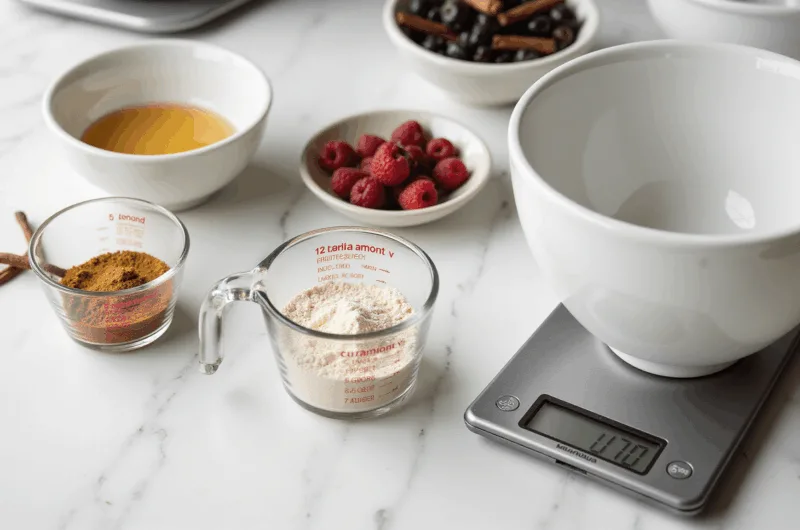 A professional baking setup on a marble countertop, featuring measured ingredients like monk fruit sweetener, almond flour, and fresh berries, with a digital scale and culinary tools, all bathed in soft natural light.