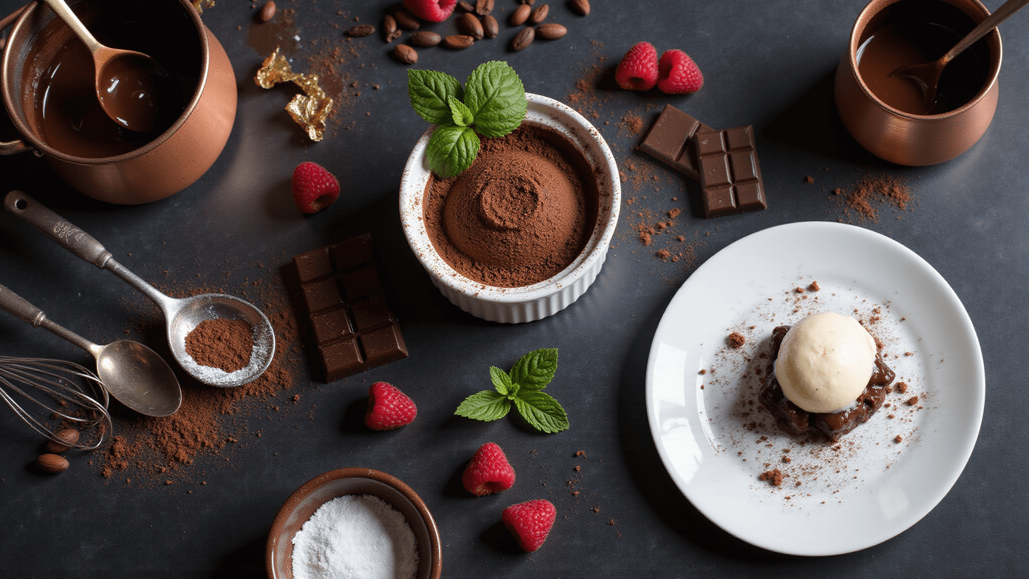 An elegant chocolate dessert spread featuring a chocolate soufflé, melted dark chocolate, fresh raspberries, and vanilla bean ice cream, set on a dark marble surface with stylish props and soft lighting.