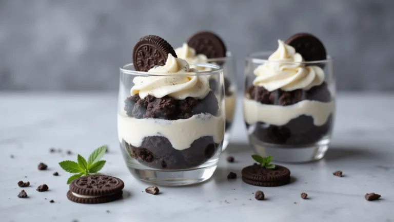 An overhead view of a layered cookies and cream dessert parfait in a clear glass, featuring dark chocolate cookie crumbs and smooth white cream cheese filling with piped swirls, garnished with a mini chocolate sandwich cookie and mint leaves on a marble surface.