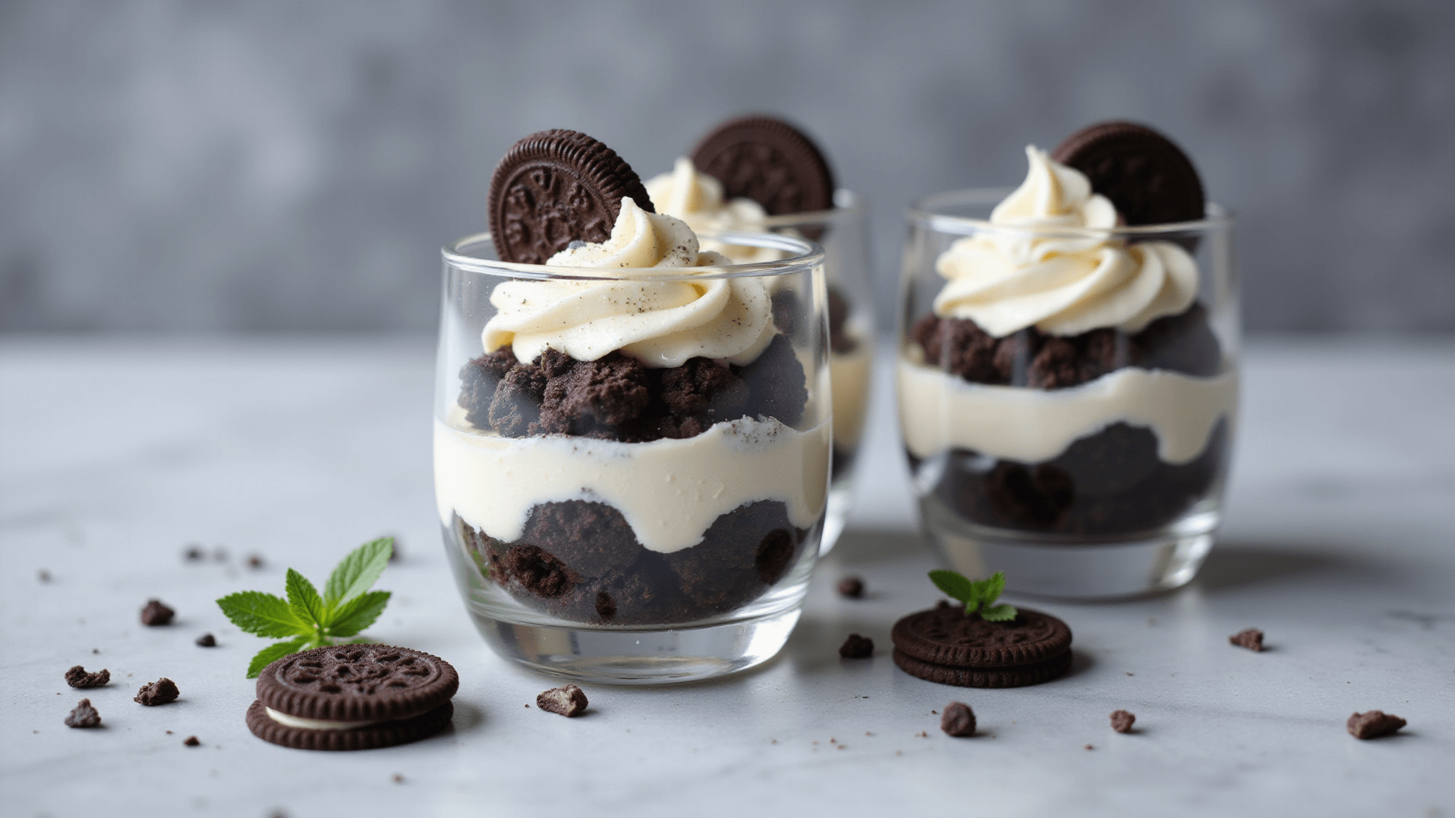 An overhead view of a layered cookies and cream dessert parfait in a clear glass, featuring dark chocolate cookie crumbs and smooth white cream cheese filling with piped swirls, garnished with a mini chocolate sandwich cookie and mint leaves on a marble surface.