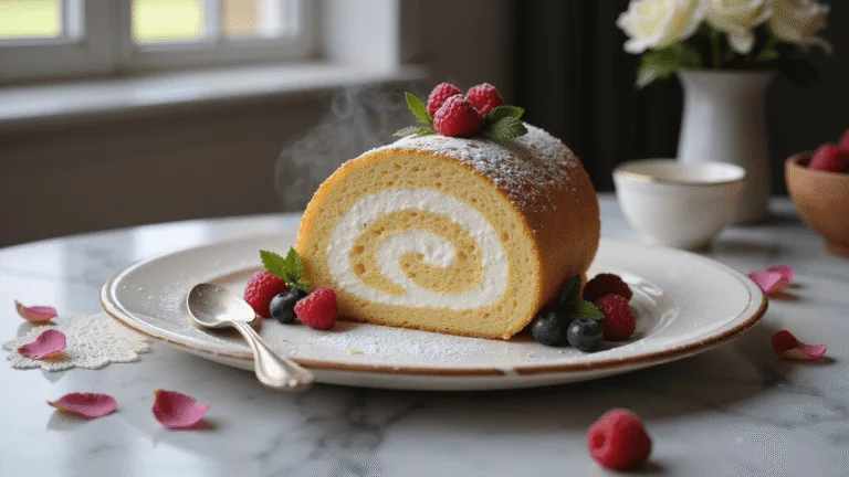 Photorealistic image of an elegant Swiss roll cake on a vintage platter, featuring a visible spiral cross-section, dusted with powdered sugar and garnished with fresh berries and mint. The soft vanilla sponge surrounds a creamy filling, shot in natural light with shallow depth of field, displaying soft shadows on a marble countertop.