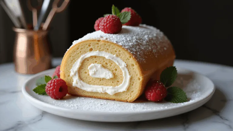 Photorealistic vanilla cake roll on a ceramic platter, showcasing cream swirls and powdered sugar, garnished with raspberries and mint, with a blurred marble countertop and copper baking tools in the background.