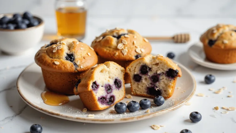 Freshly baked blueberry breakfast muffins with golden-brown tops and visible oats, surrounded by fresh blueberries and a drizzle of honey on a rustic white ceramic plate, set against a clean white marble background.