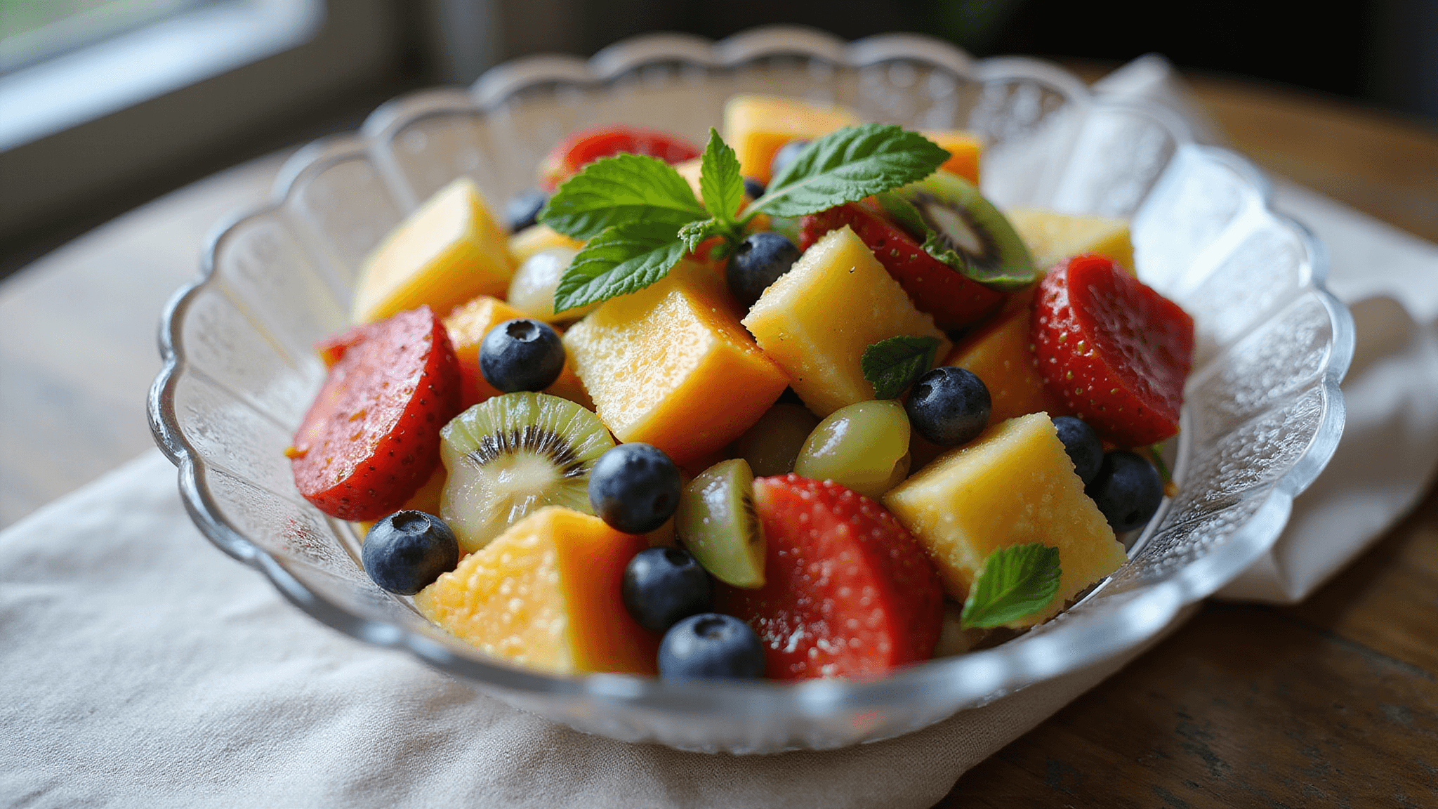 A photorealistic image of a vibrant fruit salad in a crystal bowl, featuring strawberries, pineapple, blueberries, grapes, kiwi, and mandarin, drizzled with lime-honey dressing, set on a rustic wooden table with a white linen napkin and soft-focus background.