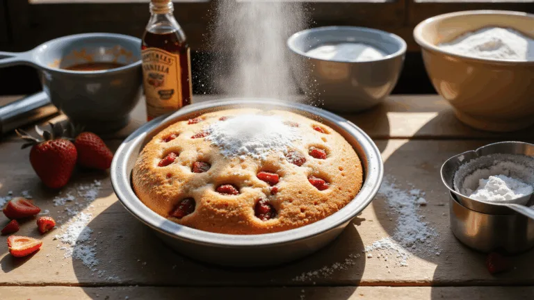 Overhead shot of a rustic kitchen with a golden-brown strawberry cake in a metal baking pan, fresh diced strawberries on top, and a dusting of powdered sugar falling from an antique sifter, surrounded by mixing bowls, vanilla extract, measuring cups, and hull-removed strawberries, all bathed in warm natural light.