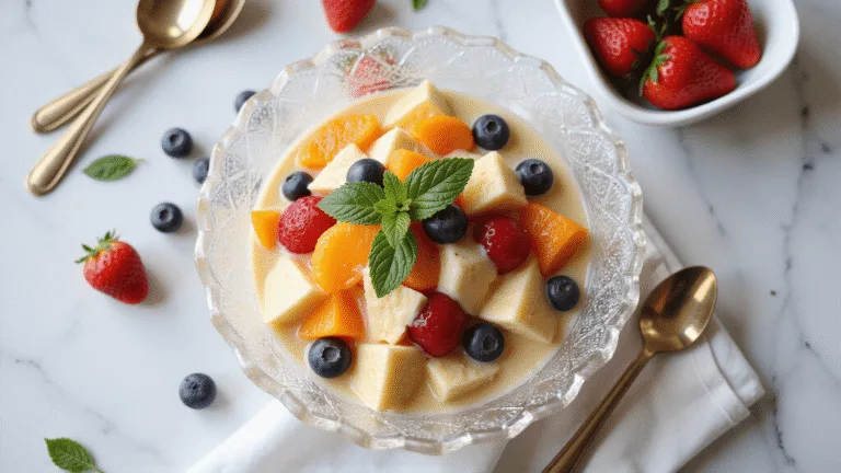 Overhead shot of a crystal bowl filled with vibrant fruit salad coated in vanilla pudding, featuring pineapple, mandarin oranges, cherries, banana slices, blueberries, and strawberries, garnished with mint leaves, on a white marble counter with natural lighting, vintage silver spoons, and a linen napkin.