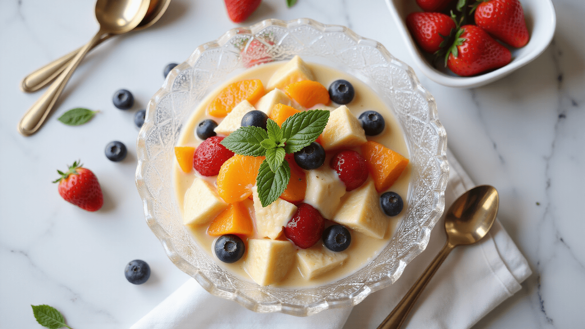 Overhead shot of a crystal bowl filled with vibrant fruit salad coated in vanilla pudding, featuring pineapple, mandarin oranges, cherries, banana slices, blueberries, and strawberries, garnished with mint leaves, on a white marble counter with natural lighting, vintage silver spoons, and a linen napkin.