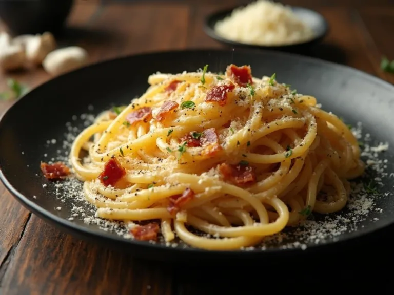 Close-up of spaghetti with bacon, garlic, and Parmesan on a black plate, showing glossy sauce, bacon bits, and steam against a rustic table background.