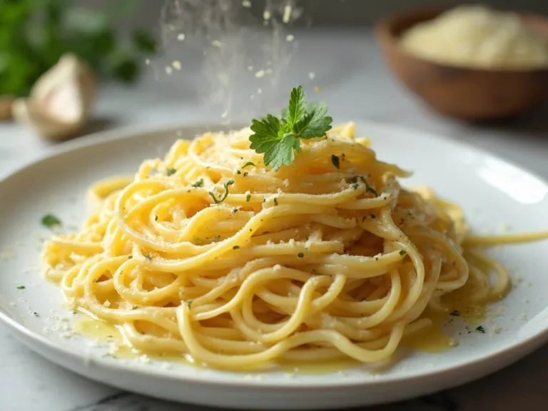 Close-up of spaghetti with garlic Parmesan sauce on a white plate, garnished with parsley and Parmesan shavings, with gentle steam and a blurred background of garlic and parsley.