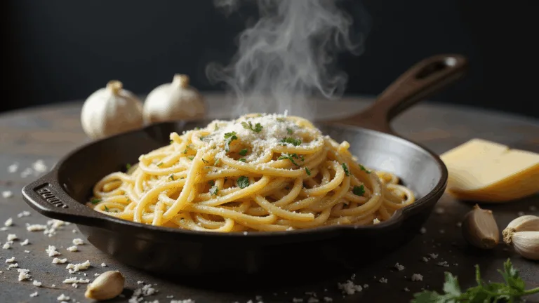 Overhead shot of al dente spaghetti in a cast-iron skillet, swirled in creamy garlic Parmesan sauce with butter pools, garnished with minced garlic, grated Parmesan, and parsley, against a dark moody background with soft natural lighting.