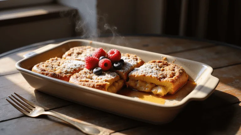 Photorealistic image of a golden-brown French toast casserole in a rustic baking dish with steam rising, garnished with fresh berries and powdered sugar, on a dark walnut table with early morning sunlight creating dramatic shadows.
