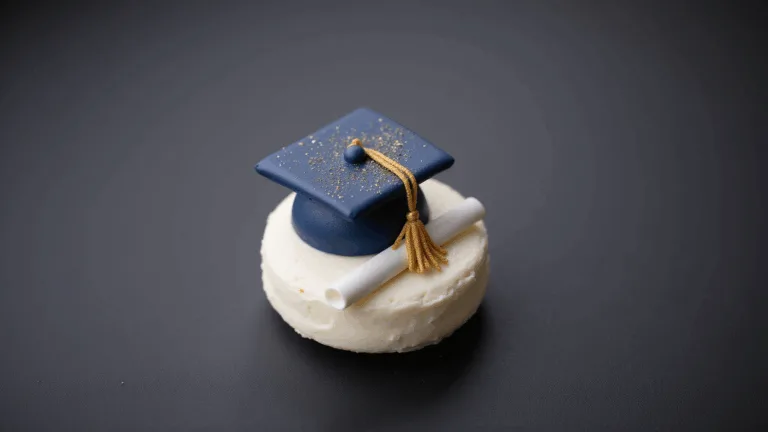 High-resolution image of a 4-inch round graduation bento cake adorned with white buttercream and navy blue fondant cap, featuring golden glitter accents and a small diploma, shot at a 45-degree angle on a matte black surface.