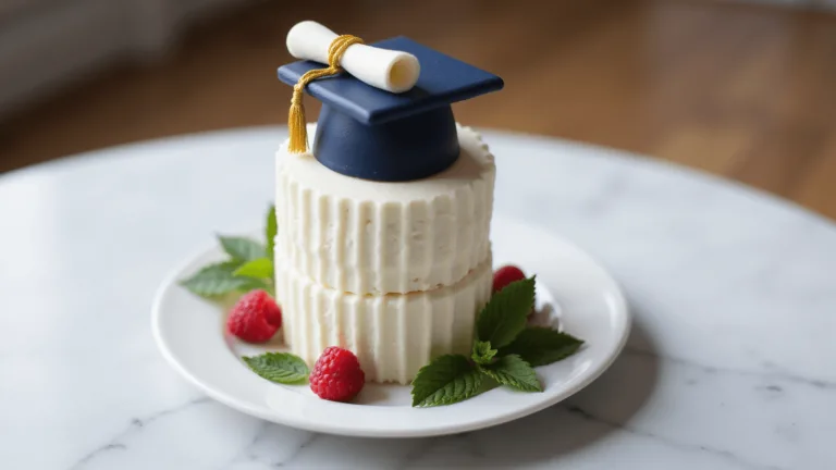 A 4-inch graduation bento cake with pearl-white whipped cream frosting featuring a fondant graduation cap and diploma, garnished with raspberries and mint leaves on a marble surface.