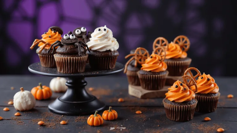 Halloween-themed cupcakes with spider, mummy, and jack-o'-lantern designs displayed on a vintage black tiered cake stand, photographed with moody lighting.