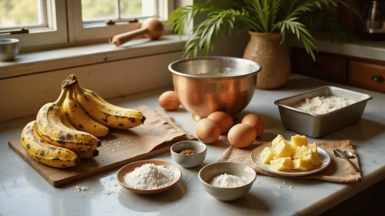A rustic kitchen scene showcasing ingredients for Hawaiian banana bread on a marble countertop, including ripe bananas, pineapple, coconut, butter, flour, and eggs, with a copper mixing bowl, vintage measuring cups, and tropical elements, illuminated by golden morning sunlight.
