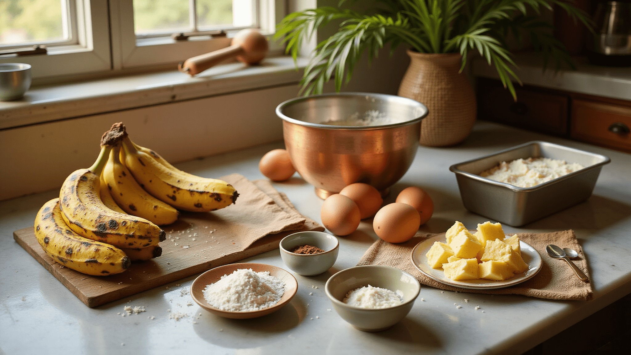 A rustic kitchen scene showcasing ingredients for Hawaiian banana bread on a marble countertop, including ripe bananas, pineapple, coconut, butter, flour, and eggs, with a copper mixing bowl, vintage measuring cups, and tropical elements, illuminated by golden morning sunlight.