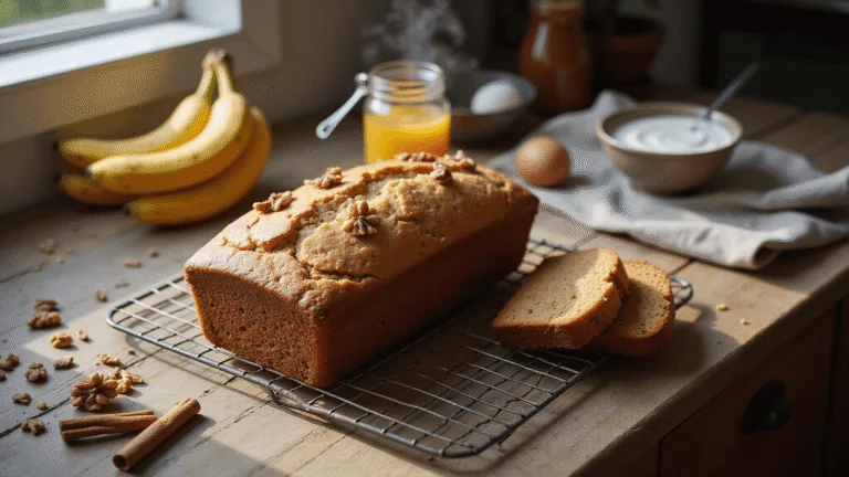 Freshly baked whole wheat banana bread on a vintage wire cooling rack in a rustic kitchen, with warm sunlight highlighting its golden-brown crust, garnished with banana slices and walnuts, alongside overripe bananas, a jar of honey, and organic eggs, evoking a cozy cottage-core aesthetic.