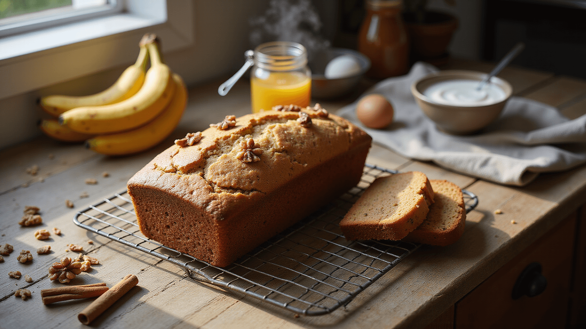 Freshly baked whole wheat banana bread on a vintage wire cooling rack in a rustic kitchen, with warm sunlight highlighting its golden-brown crust, garnished with banana slices and walnuts, alongside overripe bananas, a jar of honey, and organic eggs, evoking a cozy cottage-core aesthetic.