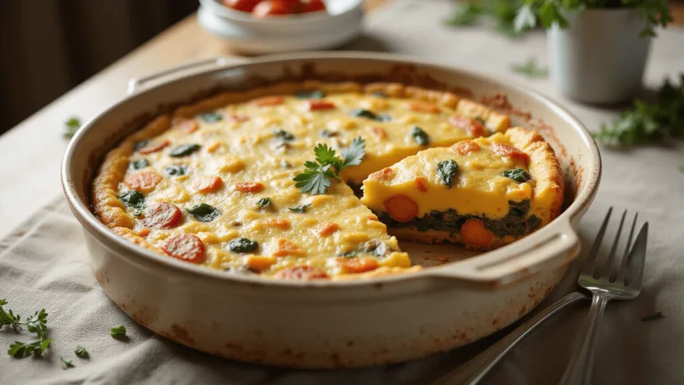 A photorealistic image of a golden-brown breakfast casserole in a rustic ceramic dish, showcasing layers of roasted vegetables, egg custard, and melted cheese. Sunlight highlights the steam and golden crust. A slice removed reveals the moist interior. Garnished with fresh herbs, with a bowl of cherry tomatoes and a fork nearby on a wooden table.