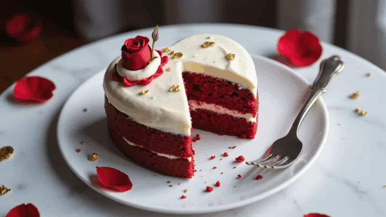 Photorealistic overhead shot of a 4-inch heart-shaped red velvet bento cake with white buttercream frosting, delicate red piping, and gold leaf accents on a white marble surface, styled with a fresh red rose, scattered rose petals, and a vintage silver cake fork, creating a romantic atmosphere with soft bokeh and detailed textures.